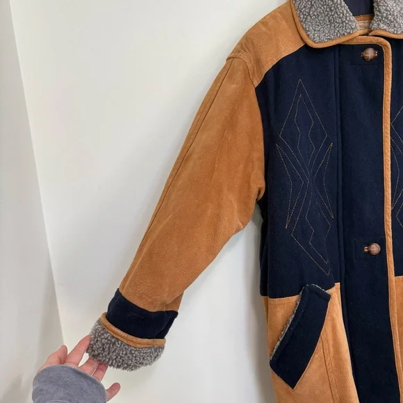 VTG Novelti 100% Leather Wool Tan Blue Insulated Ranch Jacket. Women Sz M - Picture 4 of 16